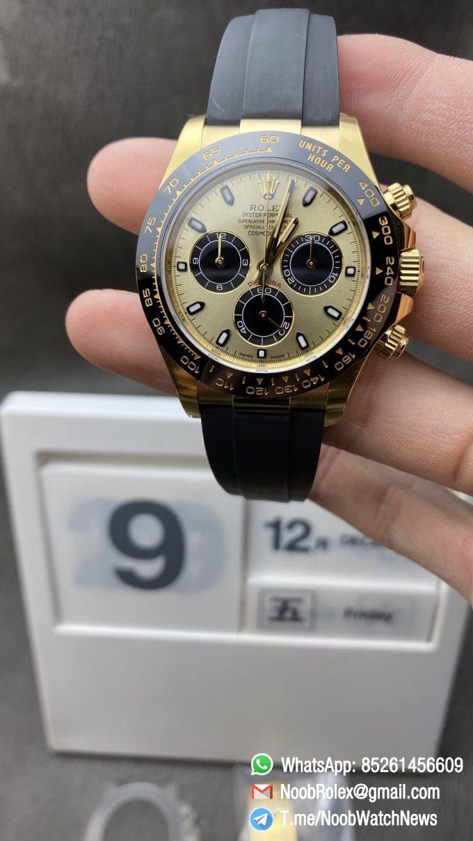 China Clean Factory Daytona 116518 SuperCloen Watch Yellow Gold Case Yellow Dial Black Sub Dial on Oysterflex Rubber Strap SA4130 V2