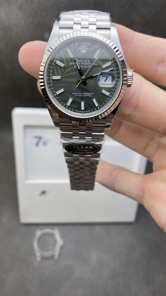 Clean Factory DateJust 36 126234 Olive Green Palm motif Dial Green Leaf Dial 904L Steel on Jubilee Bracelet VR3235