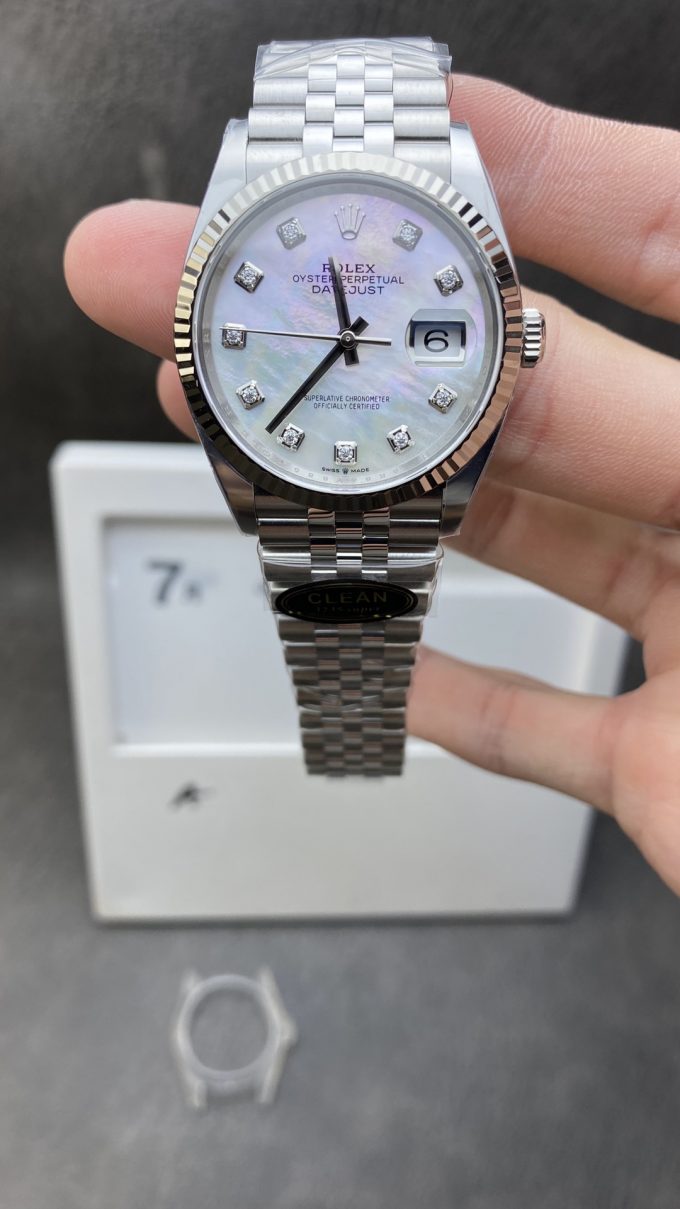 Clean Factory Rolex DateJust 36 126234 White Mother of Pearl Set Diamonds Dial 904L Steel on Jubilee Bracelet VR3235