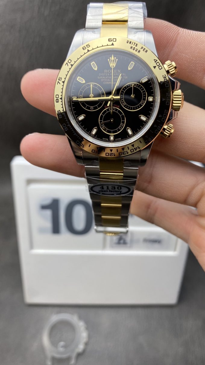 Clean Factory Watches Rolex Daytona 116503 Plate 18K Yellow Gold Case Black Dial on Gold Steel Two Tone Bracelet SA4130 Movement