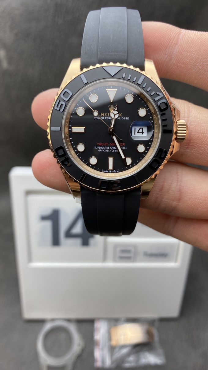 Clean Factory Watch Rolex Yacht Master 126655 Rose Gold Case Black Dial 3D Ceramic Bezel on Oysterflex Strap VR3235