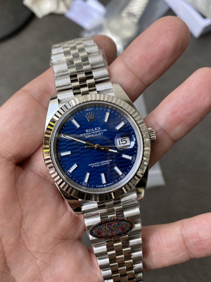 Clean Factory Rolex DateJust 41 126334 Bright Blue Fluted Motif Dial on Jubilee Bracelet Superclone 3235 Movement 01