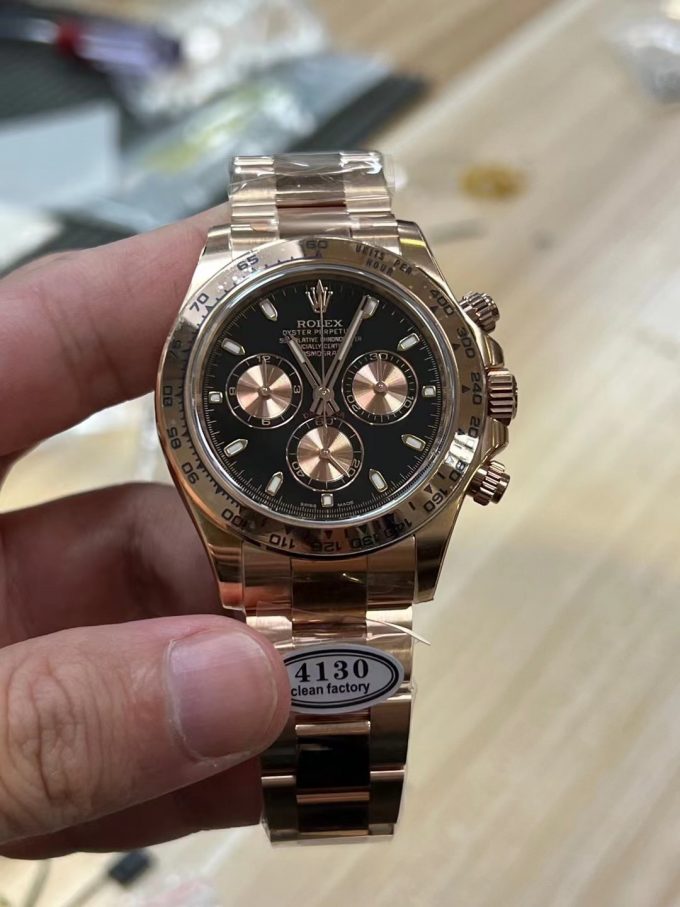 Clean Factory Rolex Daytona 116505 Rose Gold Case Bracelet Black Dial with Pink Sub Dial DD4130 Movement 01