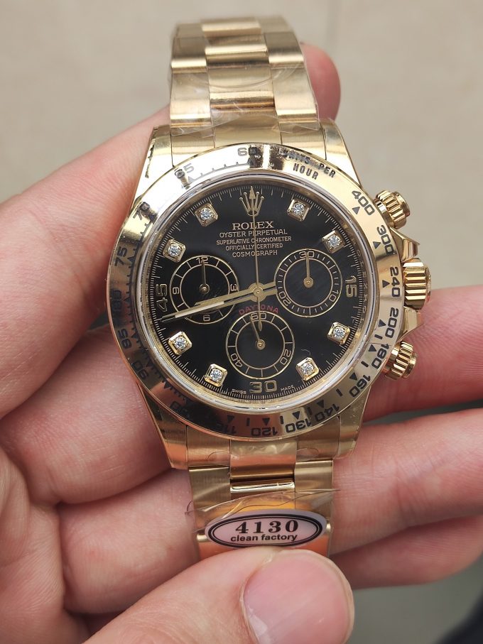 Clena Factory Rolex Daytona 116508 Yellow Gold Case Bracelet DD4130 Movement Black Dial Diamond Markers 01