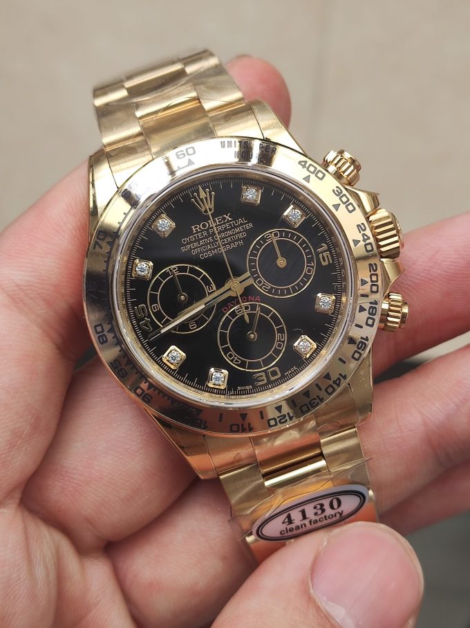 Clena Factory Rolex Daytona 116508 Yellow Gold Case Bracelet DD4130 Movement Black Dial Diamond Markers 02