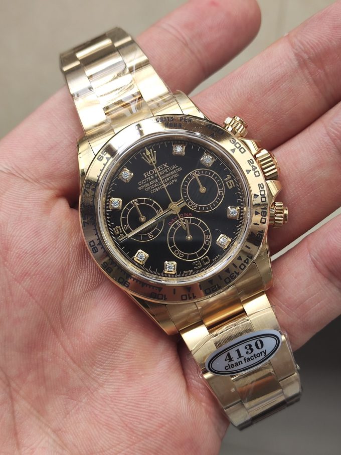 Clena Factory Rolex Daytona 116508 Yellow Gold Case Bracelet DD4130 Movement Black Dial Diamond Markers 04