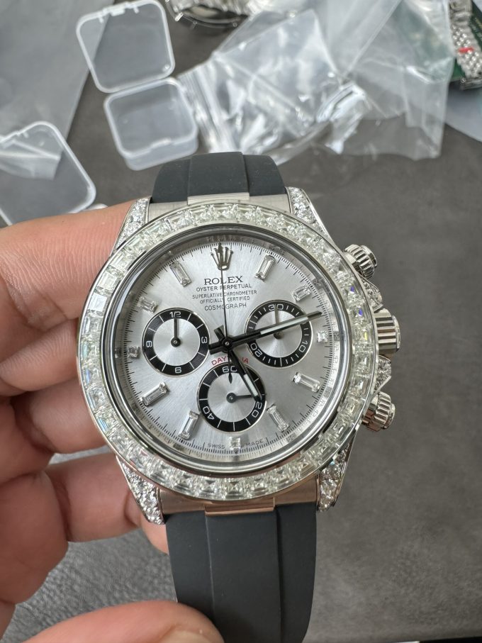 Clean Factory Rolex Daytona 126539TBR Diamonds Bezel Silver Dial with Diamonds Markers ShangHai 4131 Caliber 07