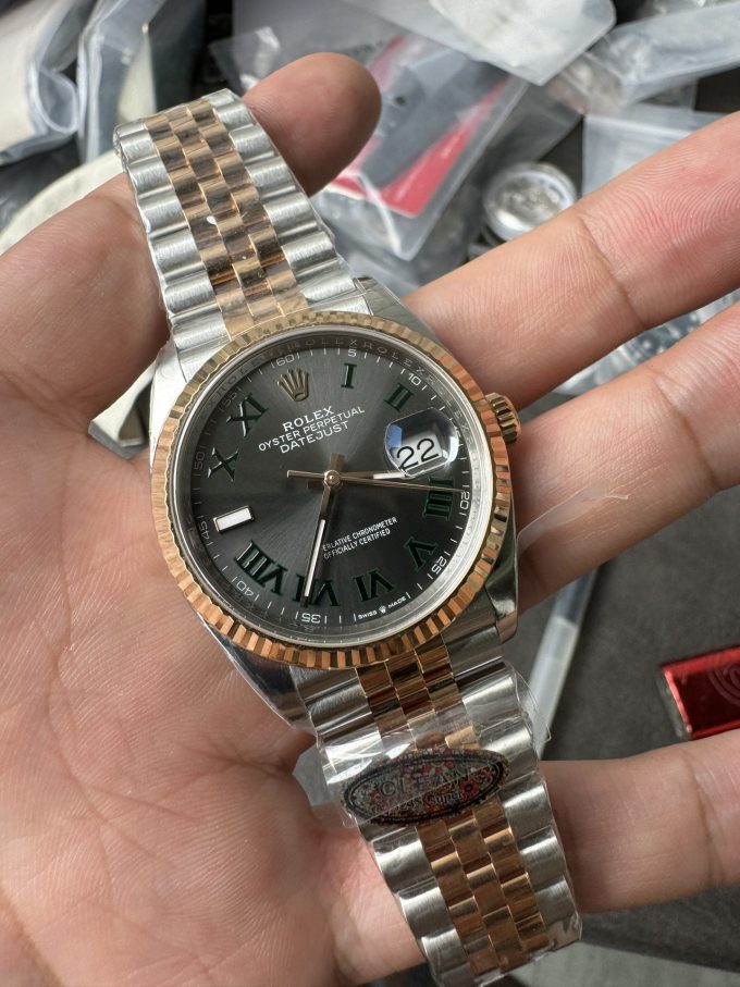 Clean Factory DateJust 36mm 126231 Wimbledon 904L Steel Grey Dial Green Roman Marker Two Tone Jubilee Bracelet SH3235 Movement 03