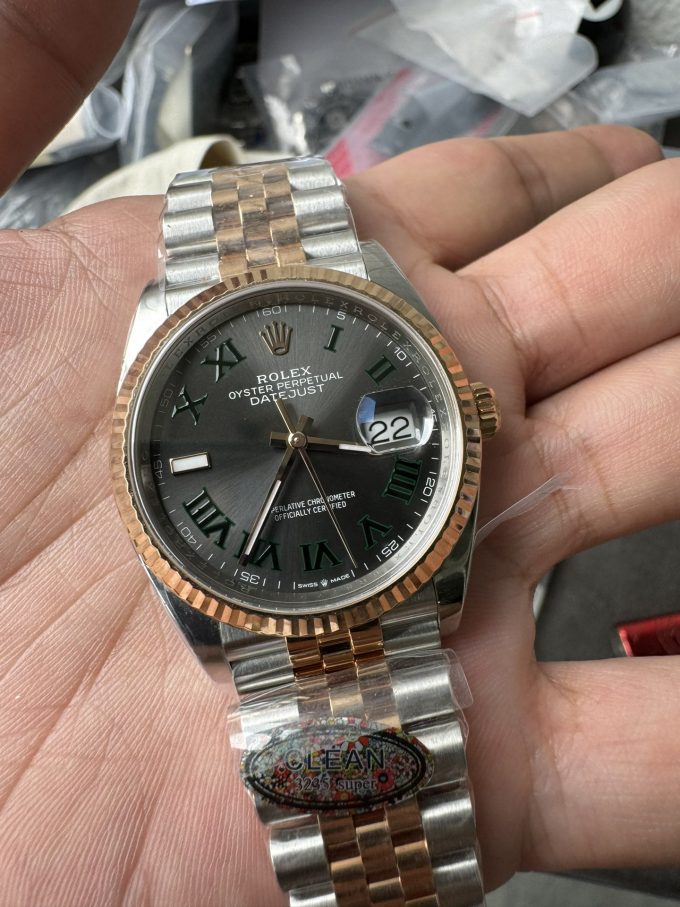 Clean Factory DateJust 36mm 126231 Wimbledon 904L Steel Grey Dial Green Roman Marker Two Tone Jubilee Bracelet SH3235 Movement 04