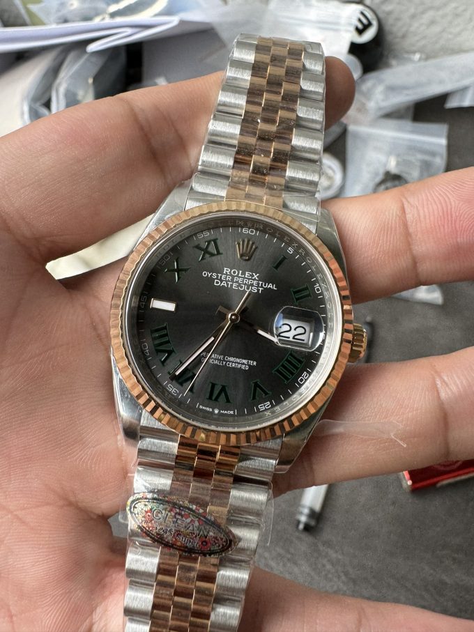 Clean Factory DateJust 36mm 126231 Wimbledon 904L Steel Grey Dial Green Roman Marker Two Tone Jubilee Bracelet SH3235 Movement 05